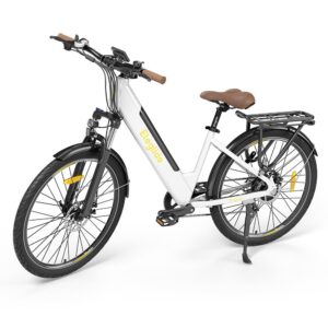 Eleglide T1 Step-Thru Electric Trekking Bike 27.5 Inch CST Tires 36V 13Ah Battery 250W Brushless Motor 25Km/h Shimano 7 Gears 100km Max Range IPX4 Waterproof 120kg Max Load Dual Disk Brakes - White